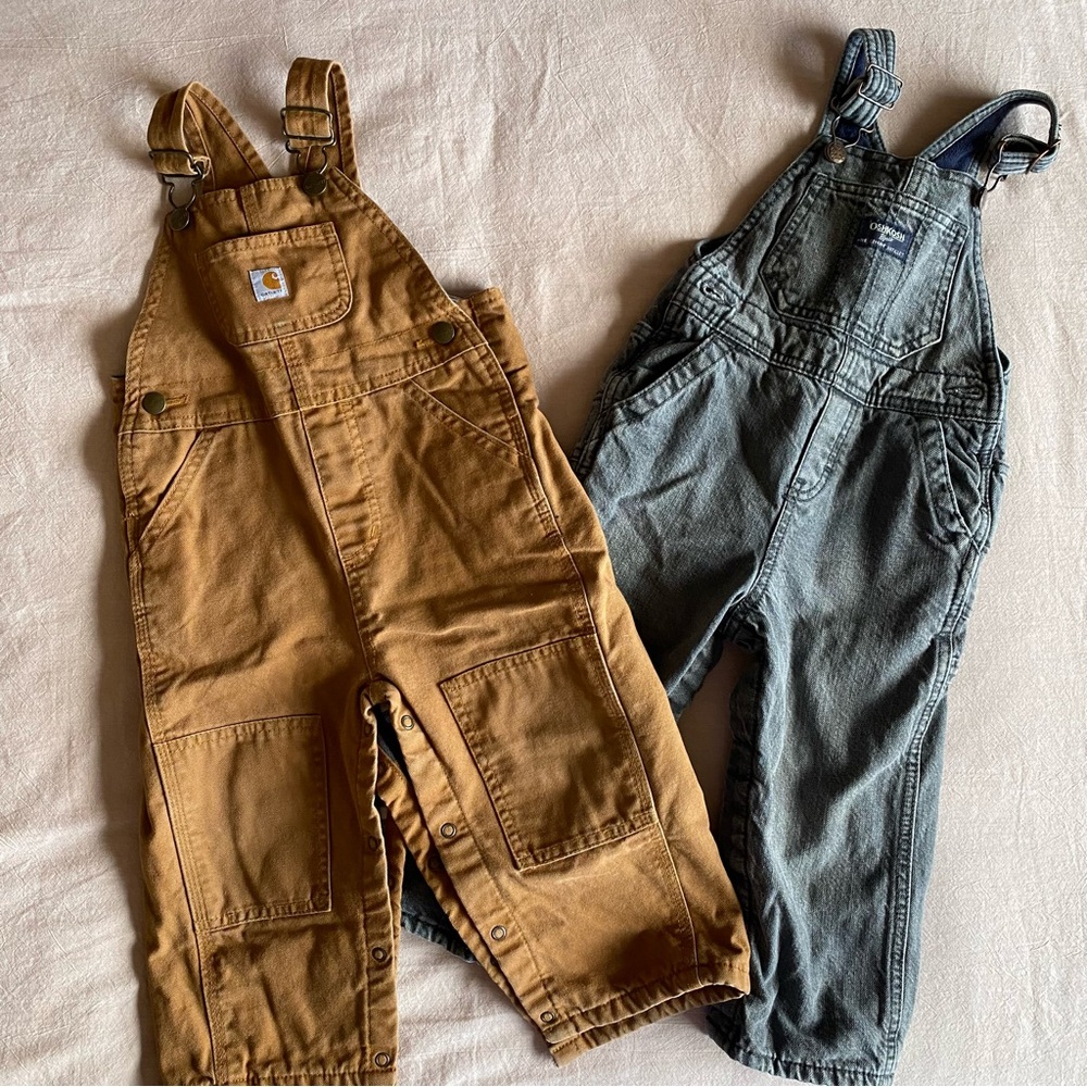 Carhartt OshKosh B’gosh Toddler Brown/Tan Lined Bib Overalls -Set of 2. Size 24M